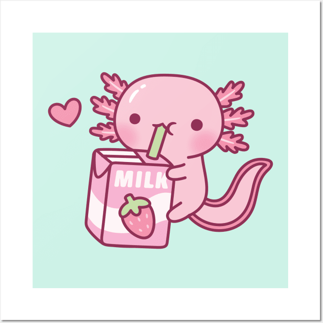 Cute Axolotl Drinking Strawberry Milk Doodle Wall Art by rustydoodle